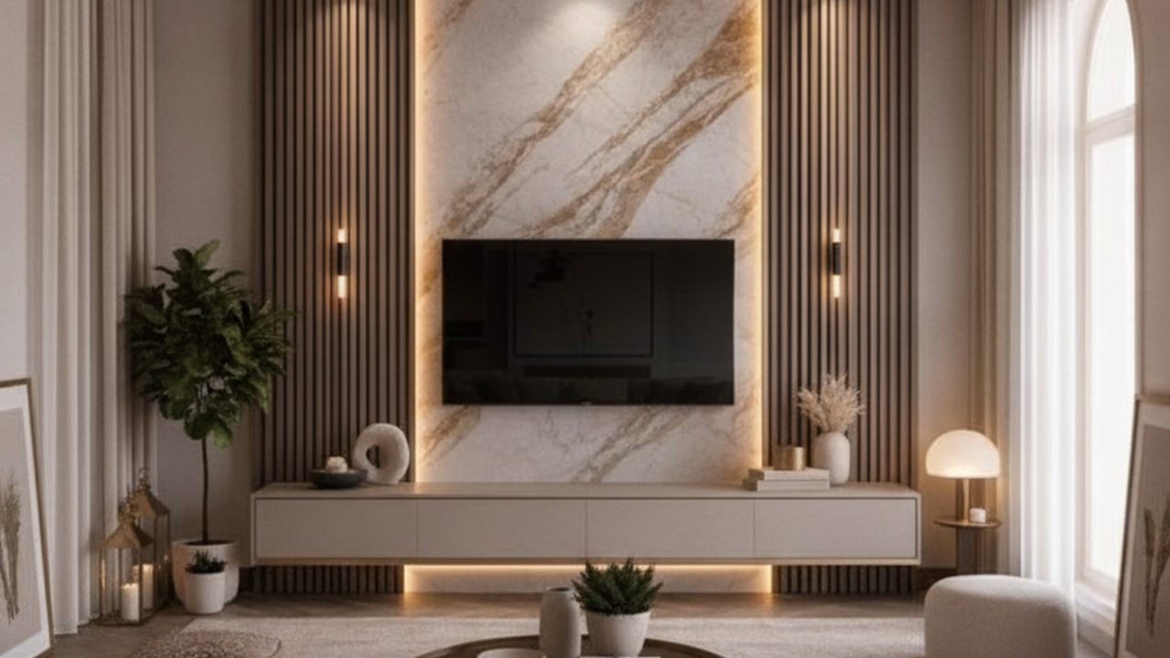 Habillage mural effet marbre dore et bardage bois dans un salon moderne