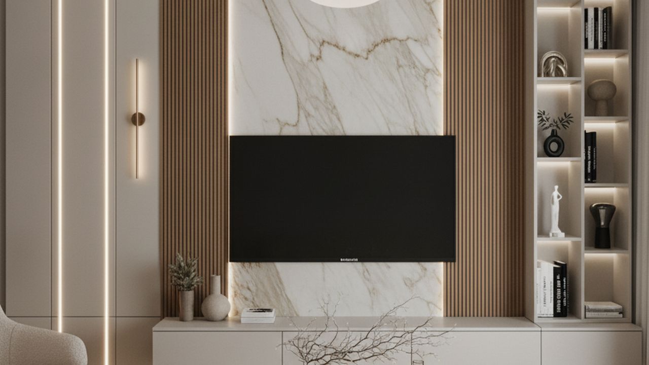 habillage mural effet marbre en situation dans un salon moderne