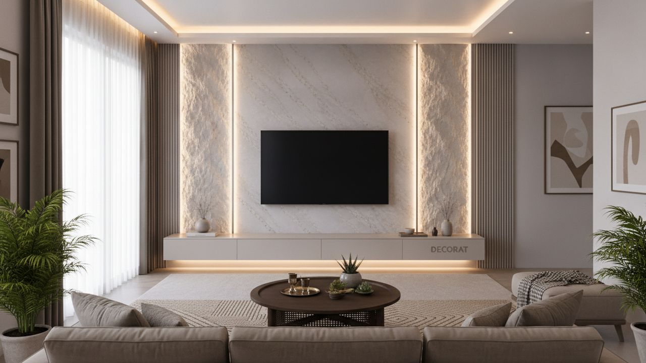 habillage mural effet marbre en situation dans un salon moderne