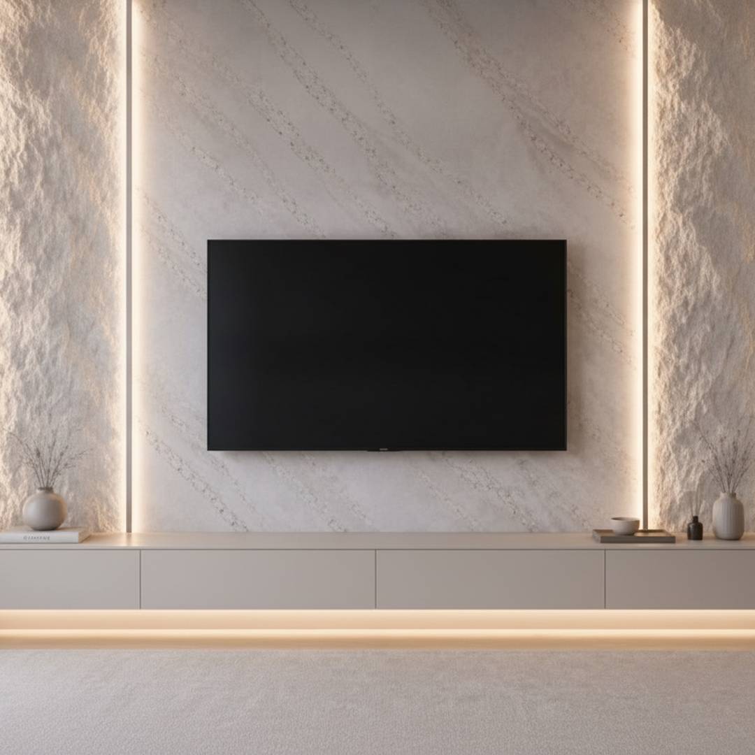 habillage mural effet marbre - bardage bois et meuble suspendu LED