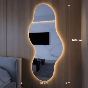 Miroir salle de bain irrégulier avec éclairage LED doré, 160 cm de hauteur, style moderne et épuré