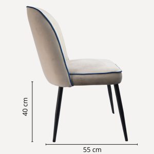 Chaise Elite en velours gris clair avec surpiqûres bleu marine et pieds noirs, design moderne