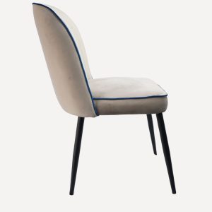 Chaise Elite velours gris clair et bleu marine avec pieds bois noir, style contemporain élégant