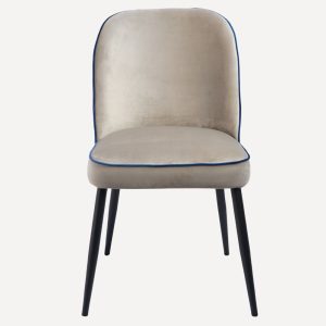 Chaise Elite velours beige avec finition bleue et pieds noirs, design épuré moderne
