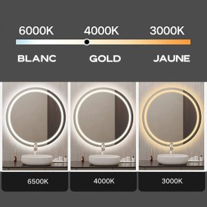 Miroir salle de bain rond LED blanc, or et jaune avec trois températures de couleur réglables