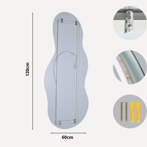 Miroir salle de bain blanc 120cm design irrégulier avec LED et accessoires muraux