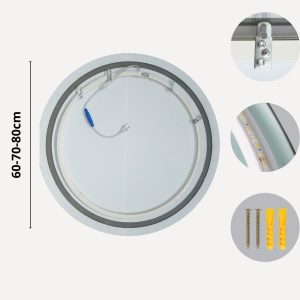 Miroir salle de bain rond LED blanc et gris, diamètre 60-80cm, avec éclairage intégré et accessoires de fixation