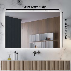 Miroir salle de bain tactile moderne avec cadre blanc et rangements intégrés, style minimaliste contemporain
