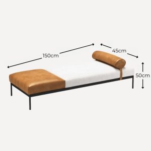 Banquette design cuir cognac et lin écru avec coussin cylindrique, pieds métal noir, 150cm