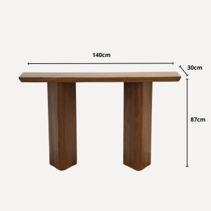 Console en bois massif teinte marron foncé, design épuré avec deux pieds cylindriques