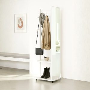 Miroir sur pied blanc minimaliste avec rangements et portant, design épuré