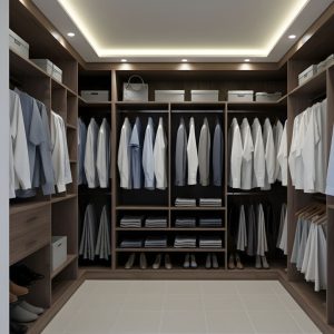 Dressing d'angle bois wengé avec penderies, étagères et tiroirs de rangement design moderne