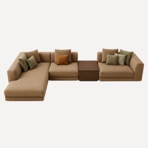 Salon d'angle modulaire Crownia en velours beige taupe avec coussins assortis, design marocain contemporain