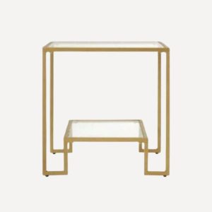 Table d'appoint minimaliste en métal doré et verre, design épuré et fonctionnel