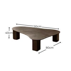 Table basse design en bois massif gris taupe avec pieds cylindriques, style minimaliste contemporain