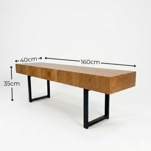Meuble TV bois massif teinté miel, pieds métal noir, design contemporain épuré