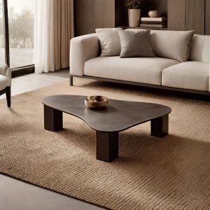 Table basse design en bois foncé, pieds massifs, style minimaliste moderne pour salon contemporain