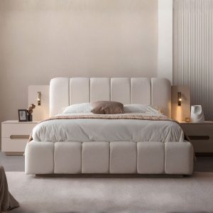 Lit moderne Éden en tissu bouclette blanc cassé avec tête de lit capitonnée et éclairage intégré