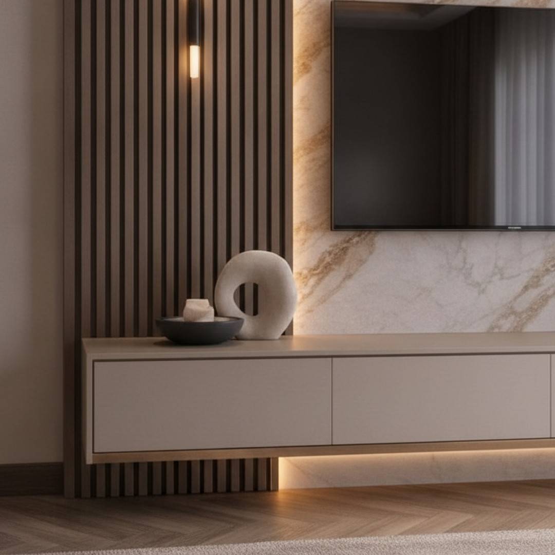 Bardage bois et meuble TV suspendu avec LED