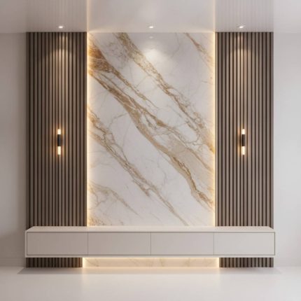 Habillage mural effet marbre dore et bardage bois LED