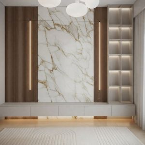 habillage mural effet marbre et bardage bois LED