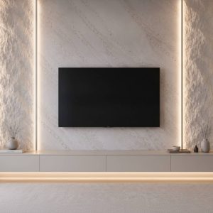 habillage mural effet marbre - bardage bois et meuble suspendu LED