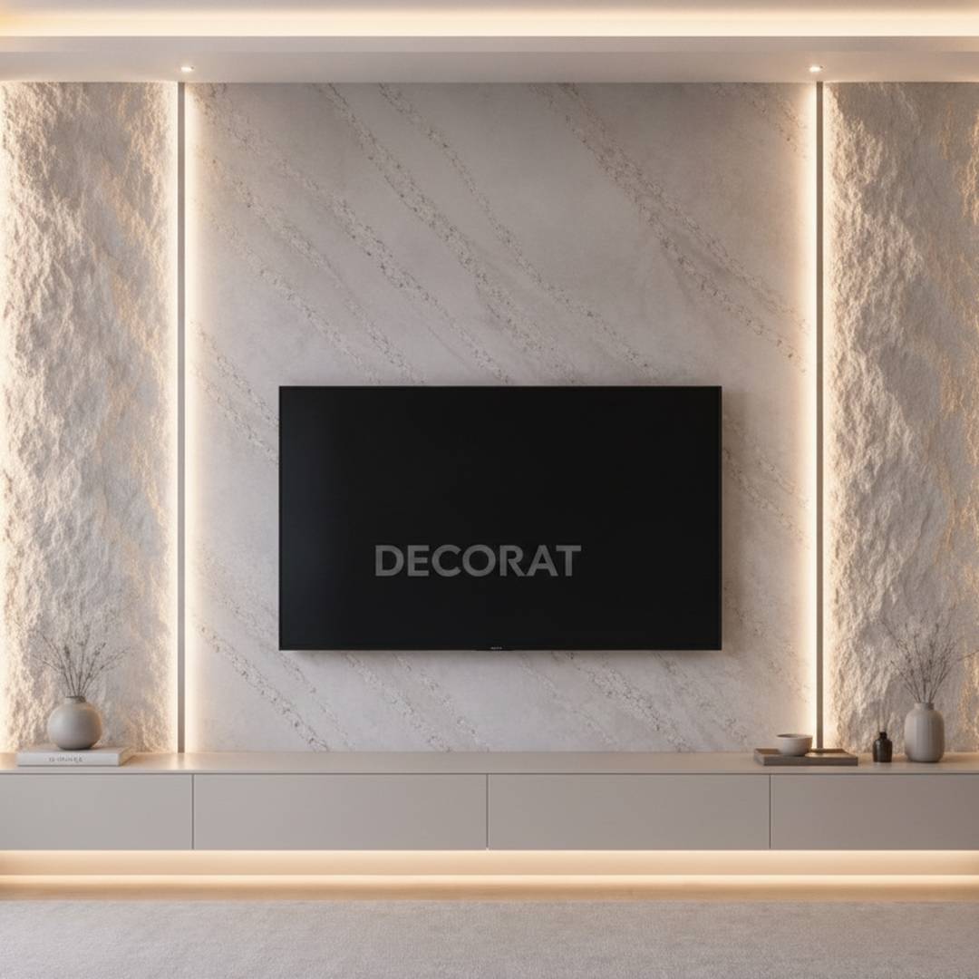 face habillage mural effet marbre et bardage bois LED