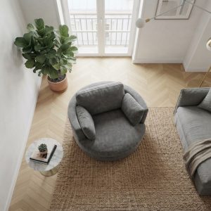 Fauteuil en tissu gris Clarissa, vue d'ambiance en plongée