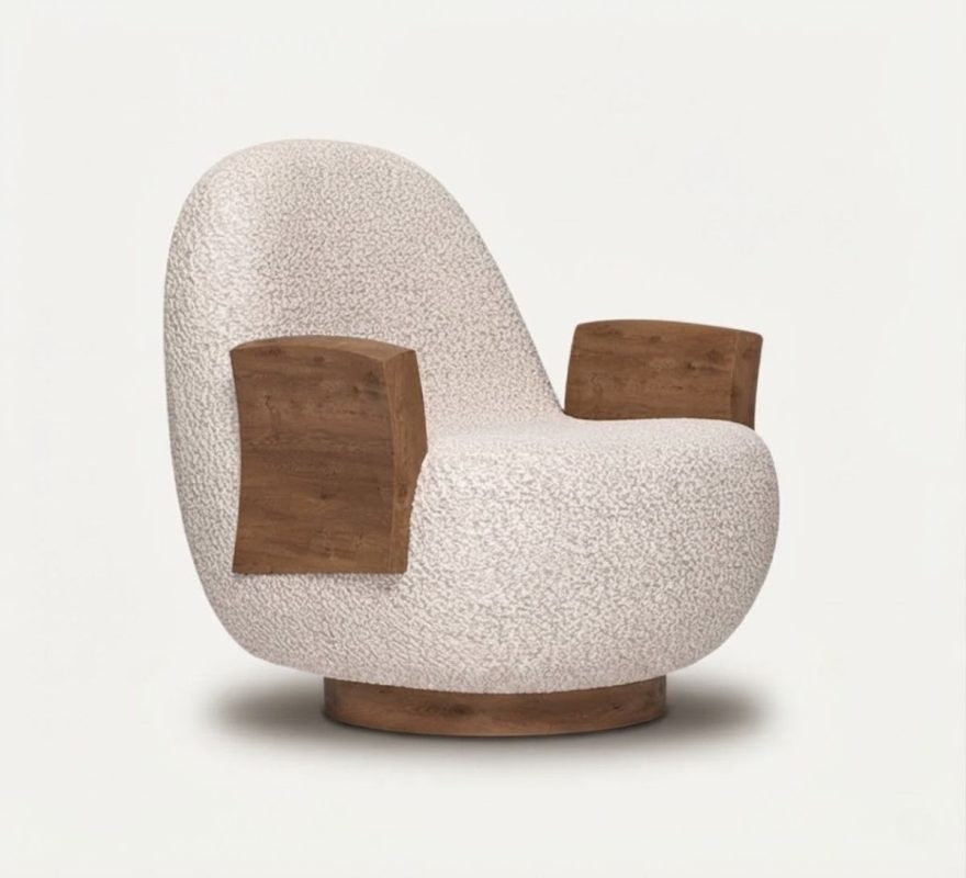 Fernie, fauteuil en tissu bouclé crème avec accoudoirs en noyer, vue 3/4