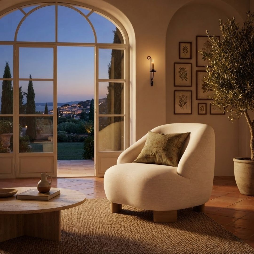 Fauteuil confortable design Marga ambiance villa en soiree