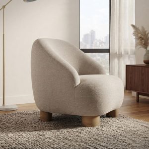 Marga, fauteuil confortable design beige en bouclé, vue 3/4