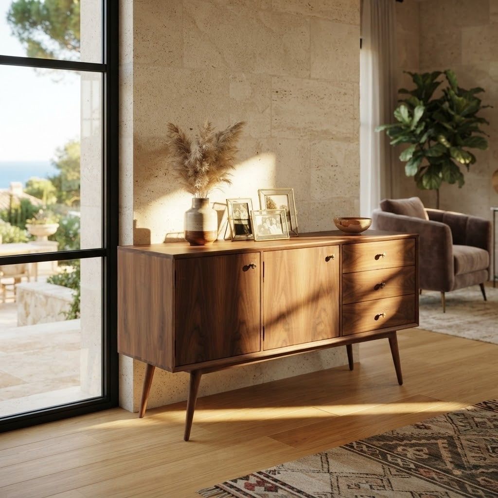 Canna, buffet maroc en bois de noyer style Mid-Century dans un salon lumineux avec vue mer