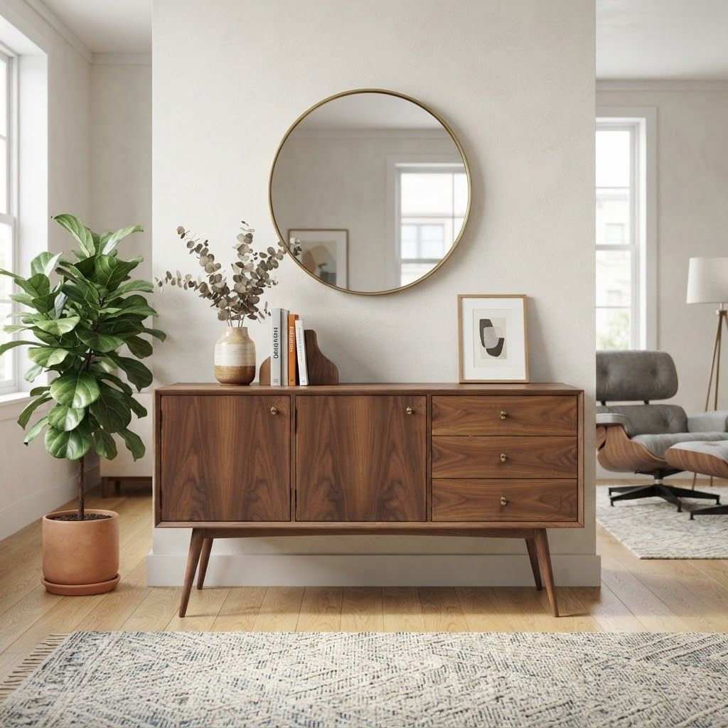 Buffet maroc Canna en noyer, 2 portes et 3 tiroirs, style Mid-Century sous un miroir rond dore