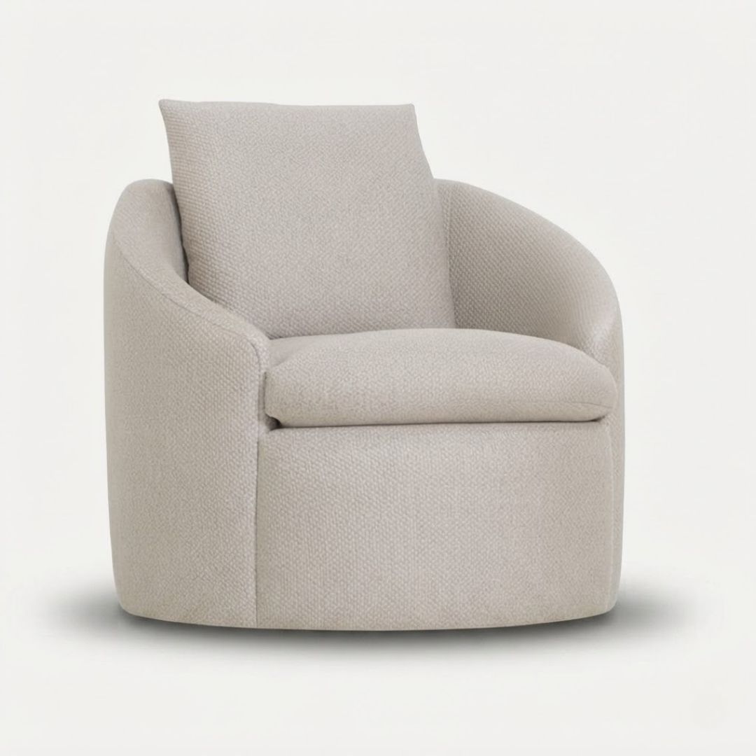 Fauteuil relax design Inspire, fauteuil pivotant en tissu taupe, vue 3/4 - HERO Fauteuil relax design Inspire, fauteuil pivotant en tissu taupe, vue 3/4