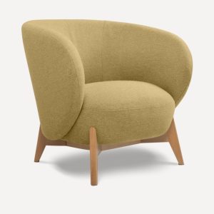 Fauteuil scandinave jaune Soltis en tissu effet lin, pieds en bois massif