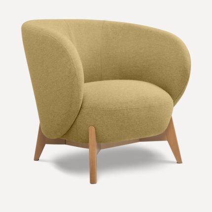Fauteuil scandinave jaune Soltis en tissu effet lin, pieds en bois massif