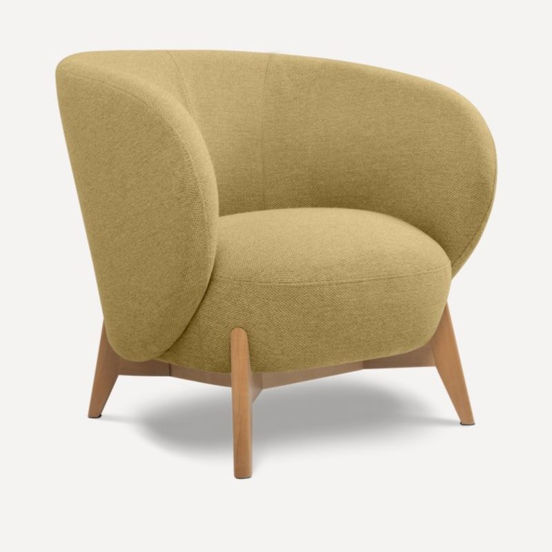 Fauteuil scandinave jaune Soltis en tissu effet lin, pieds en bois massif