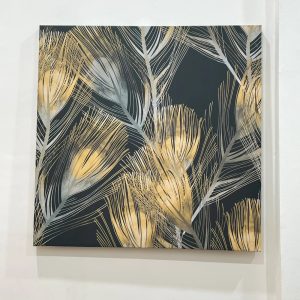 Tableau décoratif, plumes dorées et grises