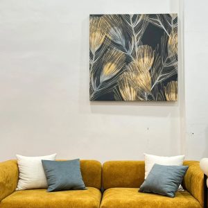 Tableau décoratif, plumes dorées et grises - ambiance salon