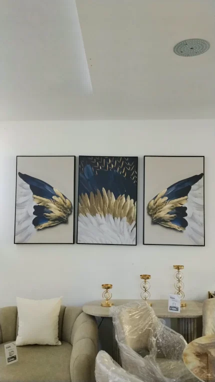 Lot de 3 tableaux ailes - bleu, or et blanc